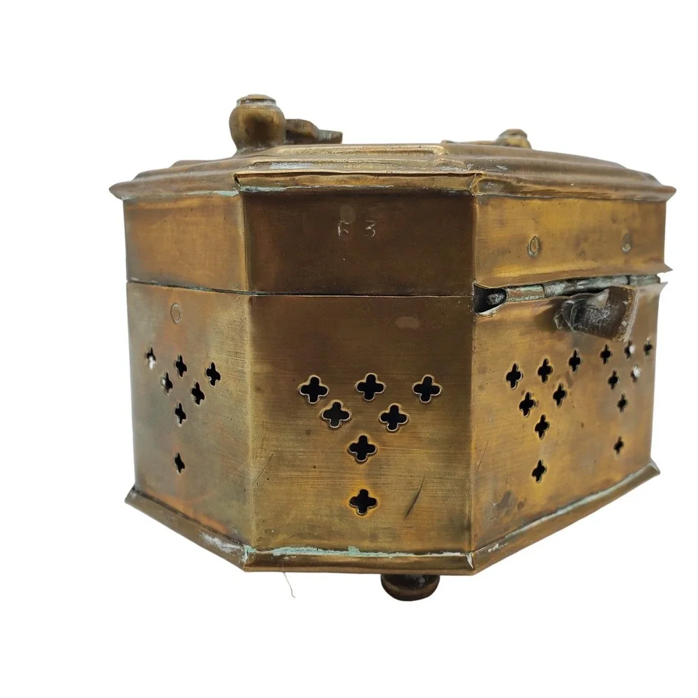 Brass Box Pierced Metal Cricket Cage Hexagon Trinket India Ethnic Boho‎ Storage